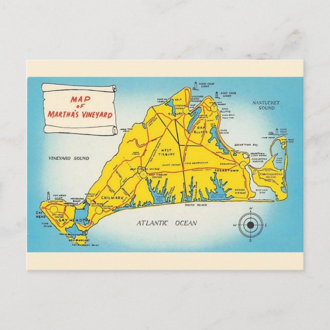Martha's Vineyard Karta Vykort (Framsida)