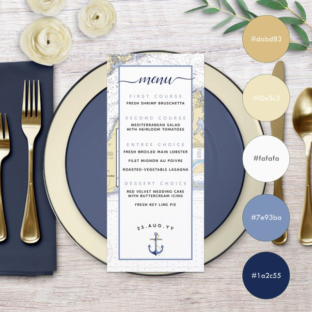Martha's Vineyard ⚓ Marin Bröllopsmeny Meny (Martha's Vineyard ⚓ Nautical Wedding Menu in Muted Blue and Pale Yellow with Color Swatches )