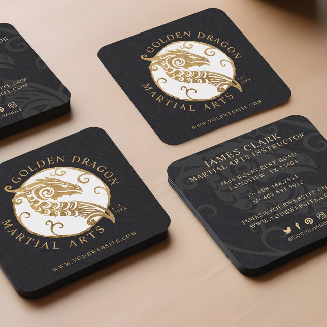 Martial Arts/Karate Golden Dragon Medallion Logo Fyrkantigt Visitkort (Martial Arts/Karate Golden Dragon Medallion Logo Square Business Card)