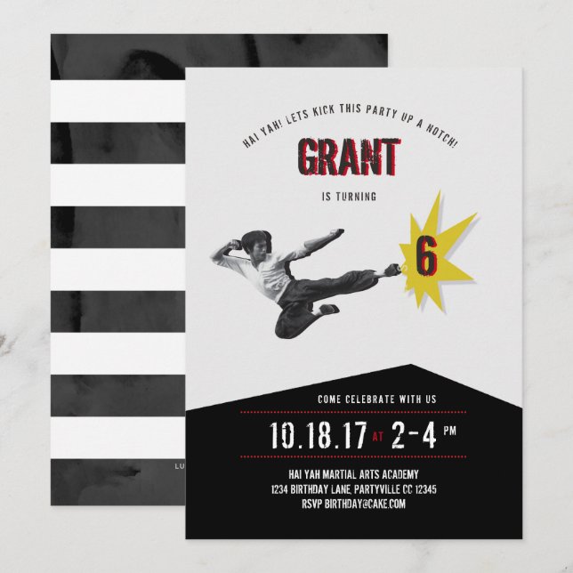 Martial Arts Kung fu Karate Birthday-inbjudan Inbjudningar (Fram/baksida)