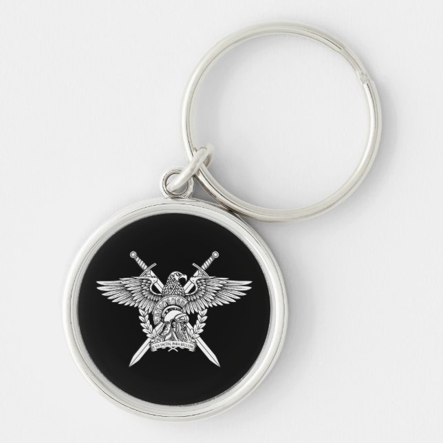 Martial Roman Emblem | Ögon, hjälm och svärd Rund Silverfärgad Nyckelring (Framsidan)