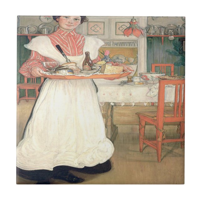 Martina Carrying Breakfast på en tray Carl Larsson Kakelplatta (Framsidan)