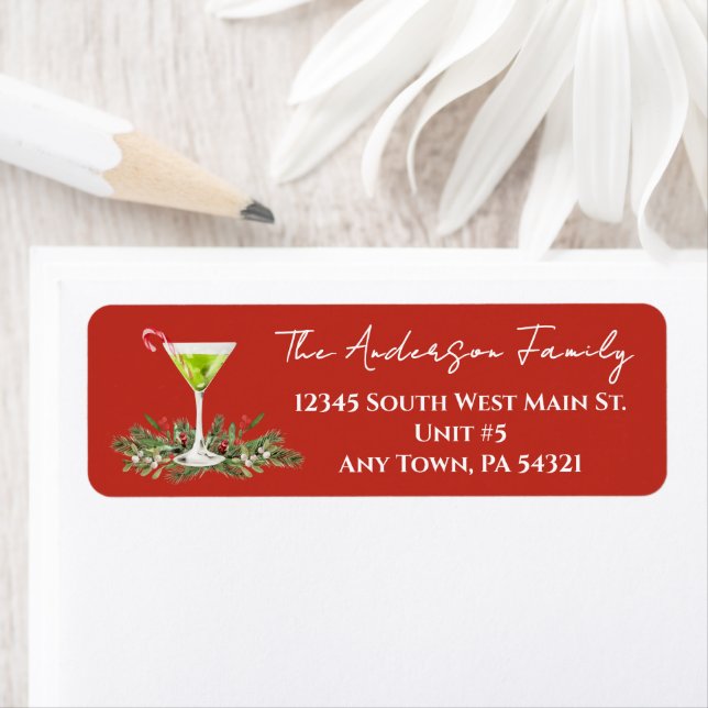 Martini and Mistletoe Festive Holiday Mailing Returadress Etikett (Insitu)
