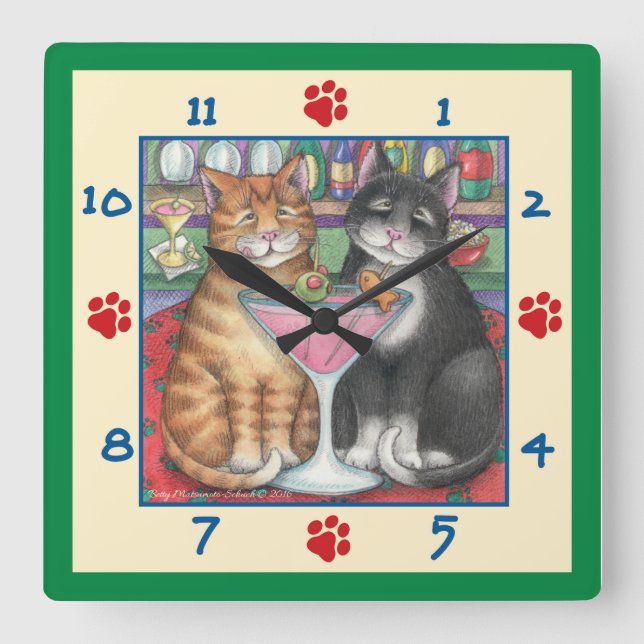 Martini Cats Square Wall Clock Fyrkantig Klocka (Framsida)