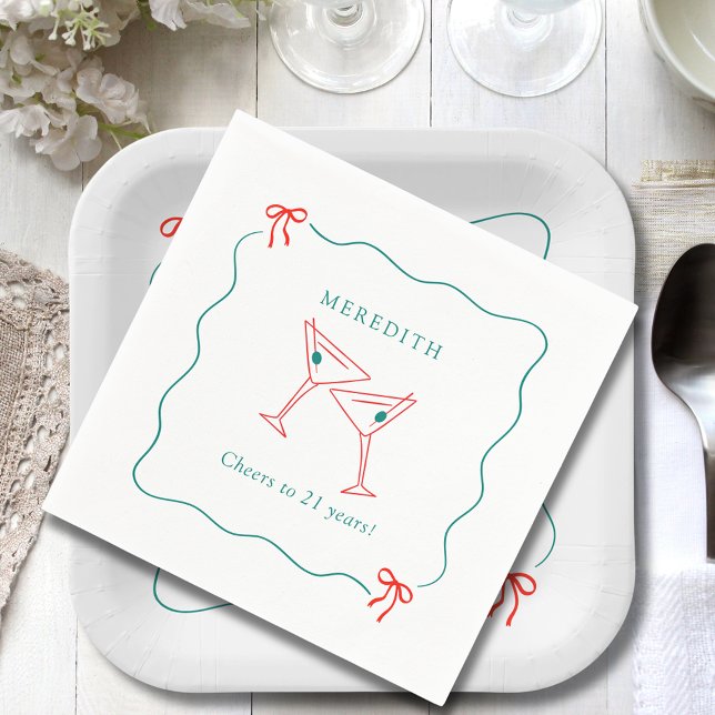 Martini Cheers till 21 års Födelsedagsfest Pappersservett (Martini Cheers to 21 Years Wavy Doodle Border with Bows Birthday Party Paper Napkins)