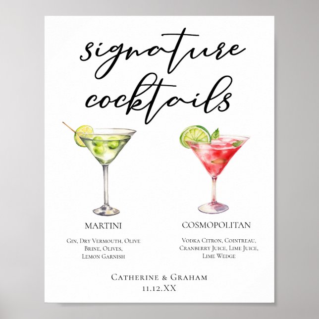 Martini Cosmopolitan Namnteckning Cocktails Menu Poster (Framsidan)