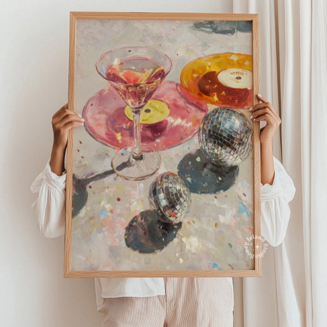 Martini & Disco Ball Konsttryck: Ljusrosa Barvagn Poster (Martini & Disco Ball Art Print: Light Pink Bar Car Poster)