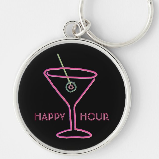 Martini för Retro neon lycklig timme Keychain Rund Silverfärgad Nyckelring (Framsidan)