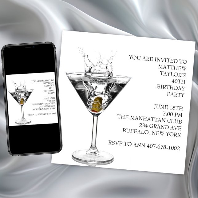 Martini Glas Mans Födelsedagsfest Inbjudningar (Martini Glass Mans Birthday Party Invitation. Martini invitation for any event or occasion.)
