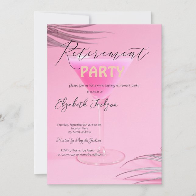 Martini Glas Palmblad Rosa Pensionärsfest Inbjudningar (Framsida)