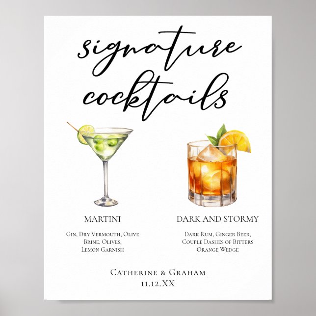 Martini Mörk & Stormy Namnteckning Cocktails Menu Poster (Framsidan)