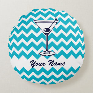 Martini Pictogram med Blue Chevron Mönster Rund Kudde