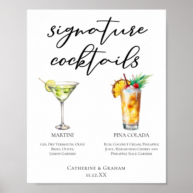 Martini Piña Colada Namnteckning Cocktails Menu Poster (Framsidan)