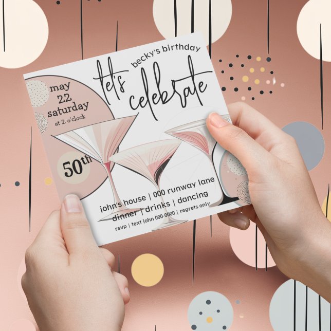 Martini Retro |  ROSA | Elfenbenskusten | MÖNSTER Inbjudningar (Martini retro blush pink 50th birthday party customizable invitation. )