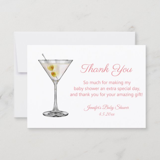 martini rosa script flicka baby shower tack tack anteckningskort (Framsida)