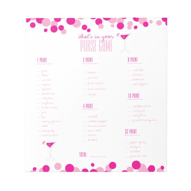 Martini What's in Your Purse Möhippa Game Anteckni Anteckningsblock (Framsida)