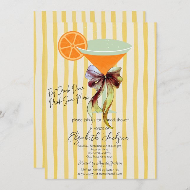 Martini Yellow Stripes Bow Bridal Shower  Inbjudningar (Fram/baksida)