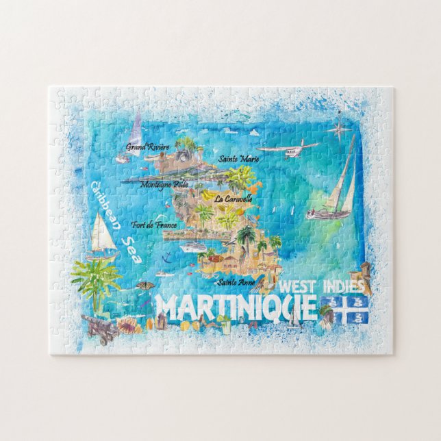 Martinique Antilles Illustrated Caribbean Karta Pussel (Horisontell)