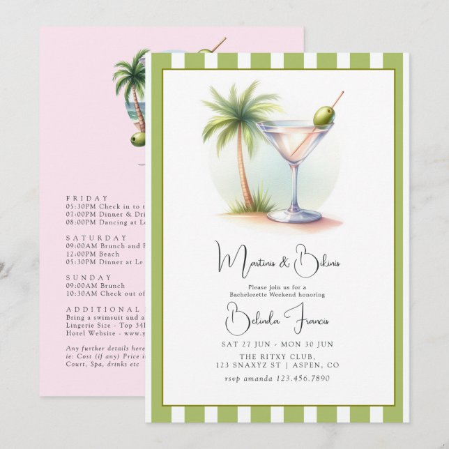 Martinis & Bikinis Möhippa Inbjudningar (Fram/baksida)