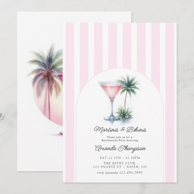 Martinis & Bikinis Tropisk Möhippa Inbjudningar (Fram/baksida)