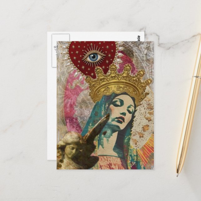 Mary and Angel Mixed Media Collage Vykort (Fram/Back In Situ)