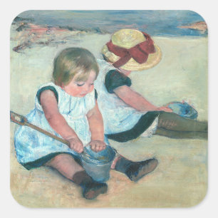Mary Cassatt - Barn som leker på stranden Fyrkantigt Klistermärke