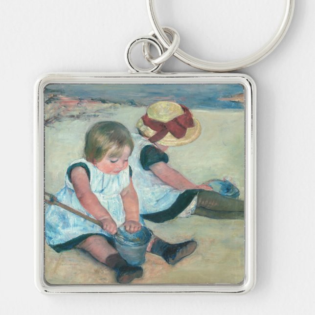 Mary Cassatt - Barn som spelar på stranden Fyrkantig Silverfärgad Nyckelring (Framsidan)