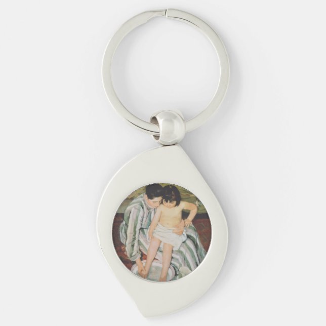 Mary Cassatt Child's Bath Painting Swirl Silverfärgad Nyckelring (Framsidan)