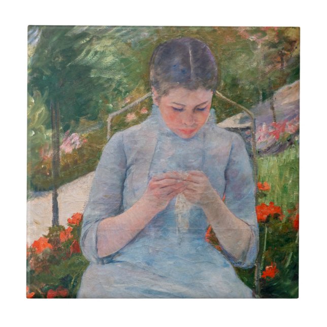 Mary Cassatt - Flickor som syter i en Garden Kakelplatta (Framsidan)