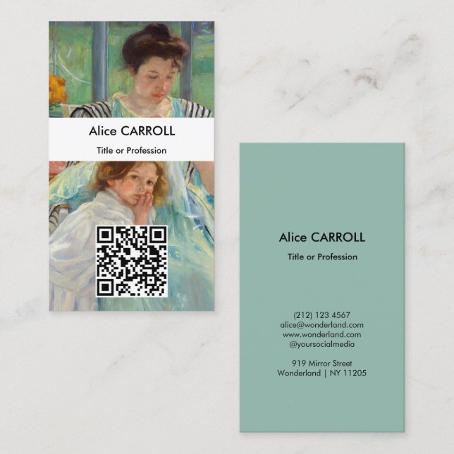 Mary Cassatt - Ung mor som syr - QR-kod Visitkort (Fram/baksida)