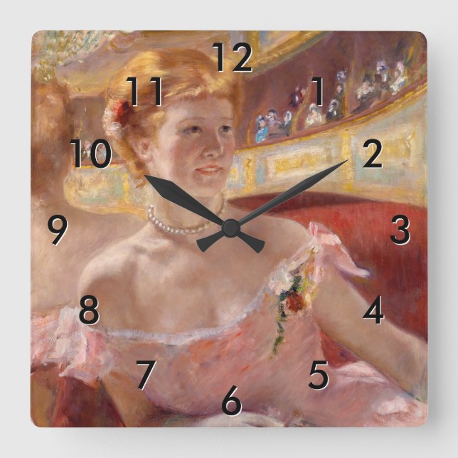 Mary Cassatt - Woman med Pearl Necklace i en Loge Fyrkantig Klocka (Framsida)