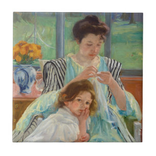 Mary Cassatt - Young Mor Sewing Kakelplatta