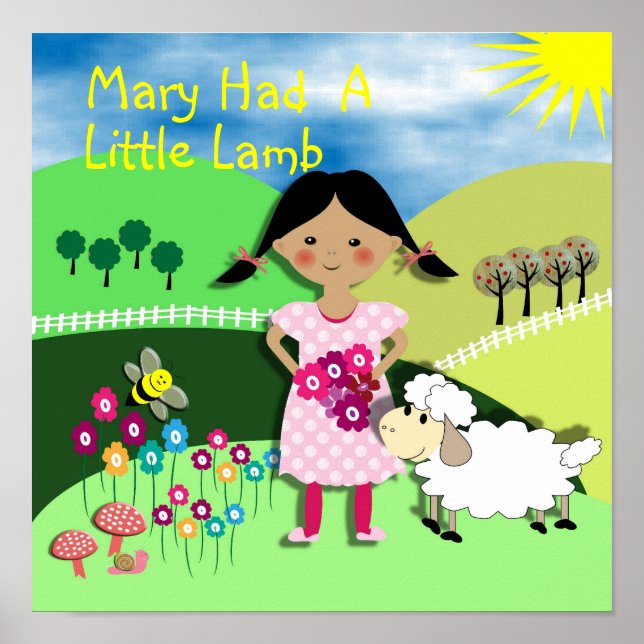 Mary hade lite lamb Nursery Rhyme Cute Bild Poster (Framsidan)