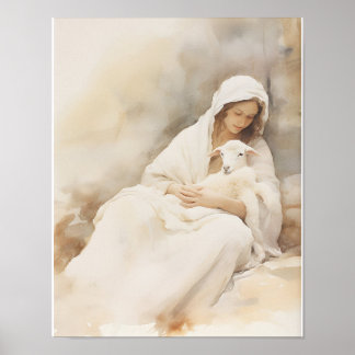 Mary Holding Lamb Watercolor Art Skriv ut Poster
