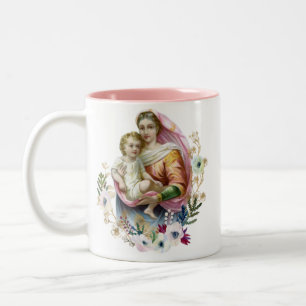 Mary & Jesus Blommigt religiösa Memorare Prayer Två-Tonad Mugg