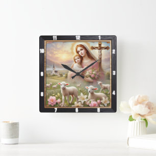 Mary Jesus Lambs Andlig Fyrkantig Klocka
