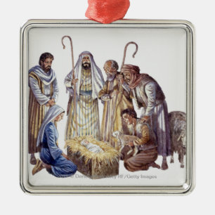 Mary, Joseph och shepherds som omger bebiset Jesus Julgransprydnad Metall