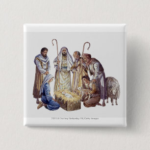 Mary, Joseph och shepherds som omger bebiset Jesus Knapp