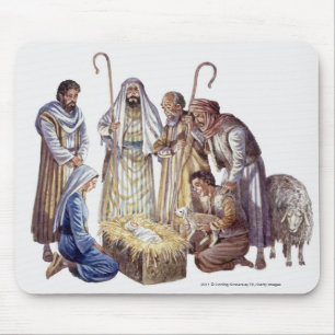 Mary, Joseph och shepherds som omger bebiset Jesus Musmatta