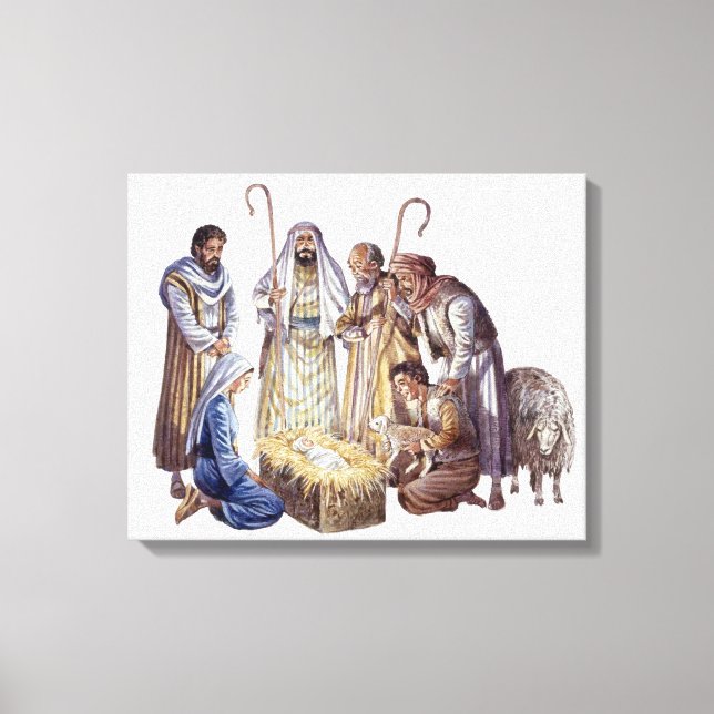 Mary, Joseph och shepherdsen kring baby Jesus Canvastryck (Framsida)