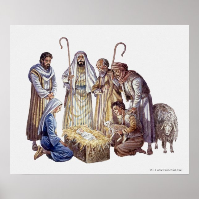 Mary, Joseph och shepherdsen kring baby Jesus Poster (Framsidan)