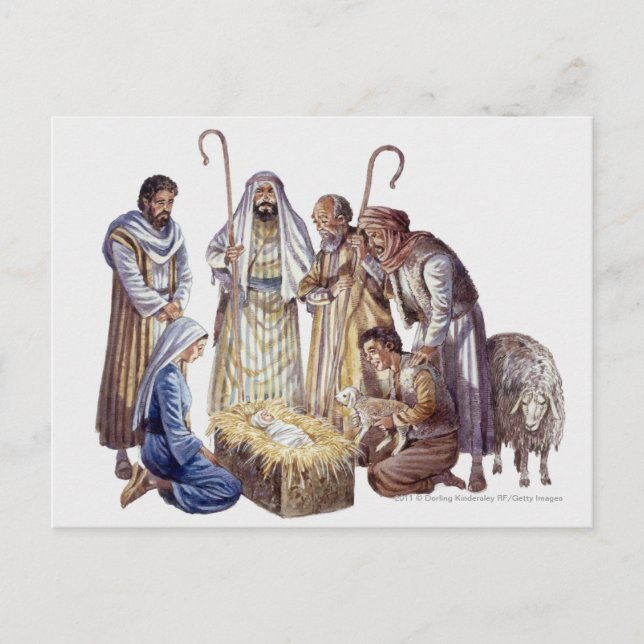 Mary, Joseph och shepherdsen kring baby Jesus Vykort (Framsida)