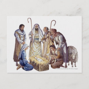 Mary, Joseph och shepherdsen kring baby Jesus Vykort