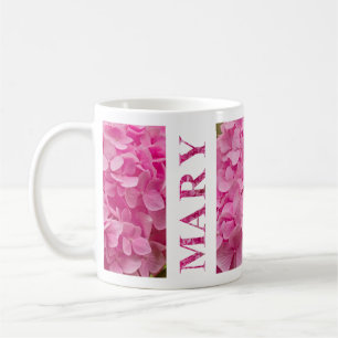 "Mary" Namn, Cute Rosa Hydrangea Blommigt Letterin Kaffemugg