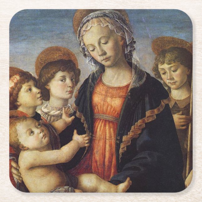 Mary och Baby Jesus med Änglar jul Underlägg Papper Kvadrat (Framsidan)