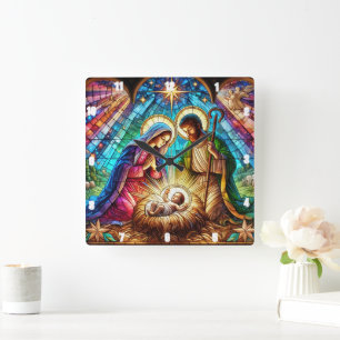 Mary och Joseph Adoring Baby Jesus Fyrkantig Klocka