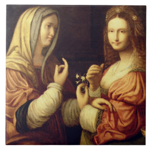Mary och Martha (olja på panel) Kakelplatta