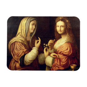 Mary och Martha (olja på panel) Magnet