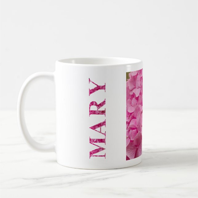 Mary, Personlig Rosa Hydrangea Blommigt Lettering Kaffemugg (Vänster)