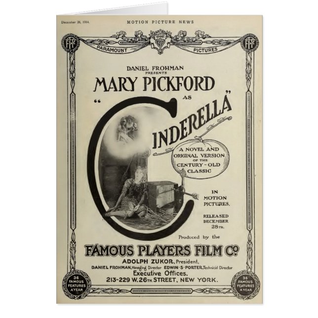 Mary Pickford tysta Cinderella 1914 filmar Hälsningskort (Framsidan)
